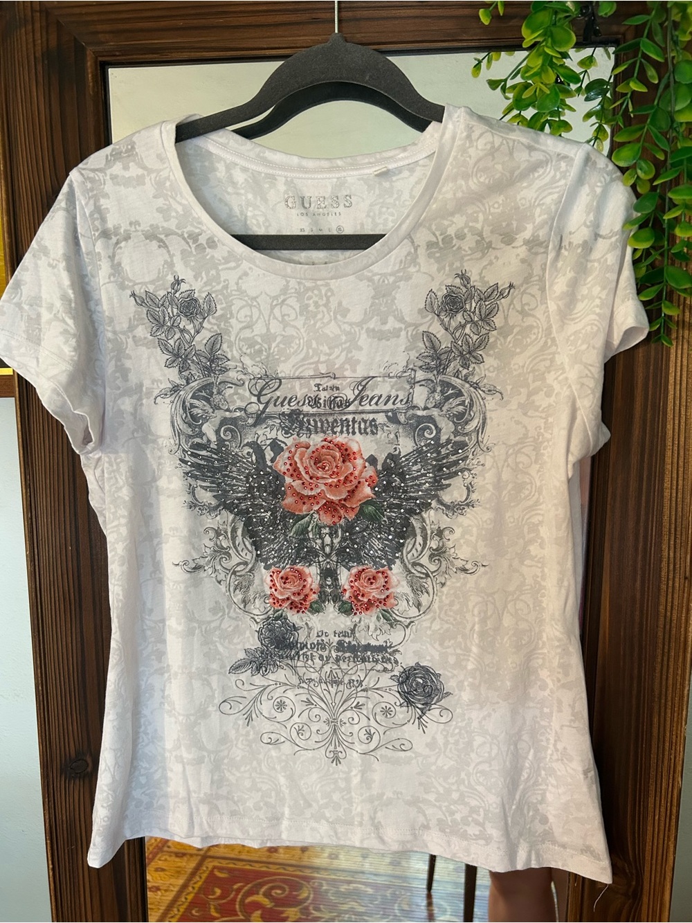 Guess White Tee with Pink Rose Crest Angel Wings Graphic